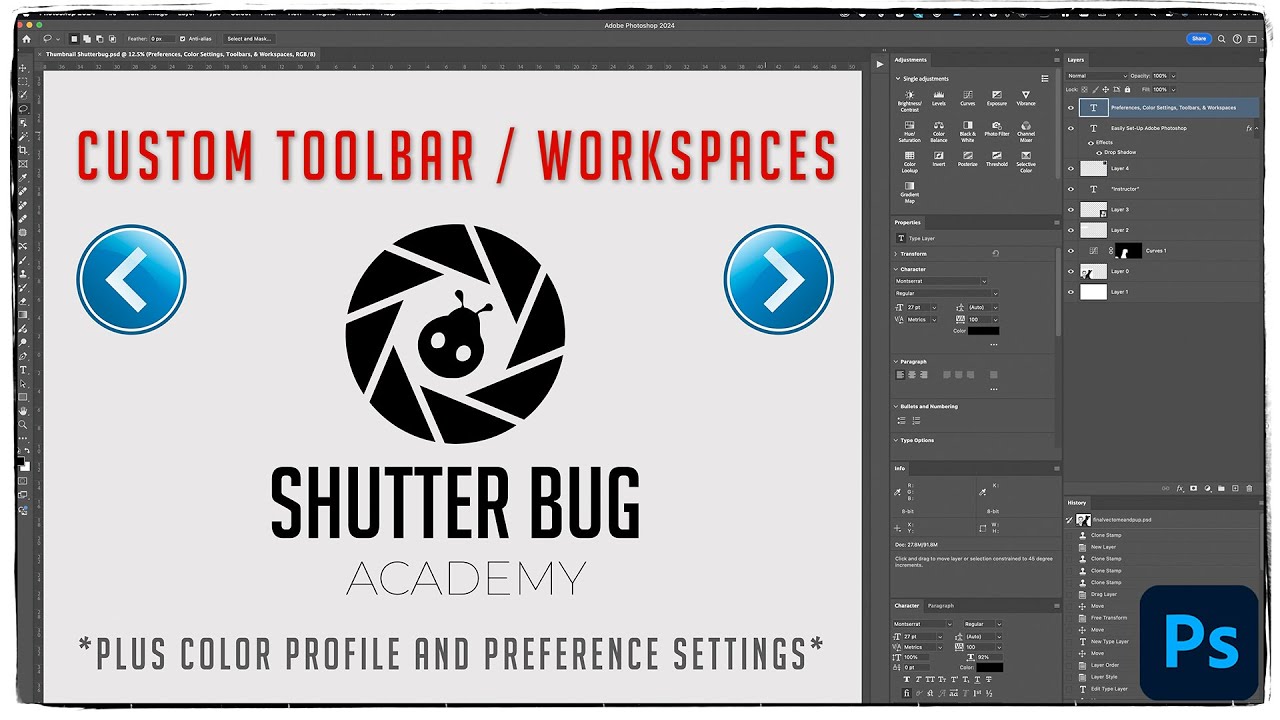 Easy Adobe Photoshop Setup Preferences, Custom Toolbar, Color Settings, & Workspaces