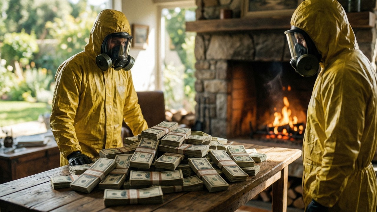 El virus ataca y mata solo a personas ricas, obligándolas a quemar su dinero y sobrevivir.