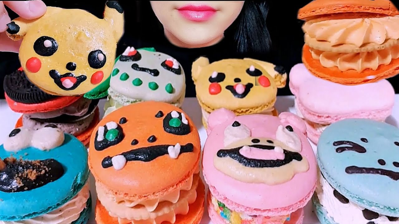 ASMR EATING COLORFUL POKEMON CHARACTER MACARONS  
