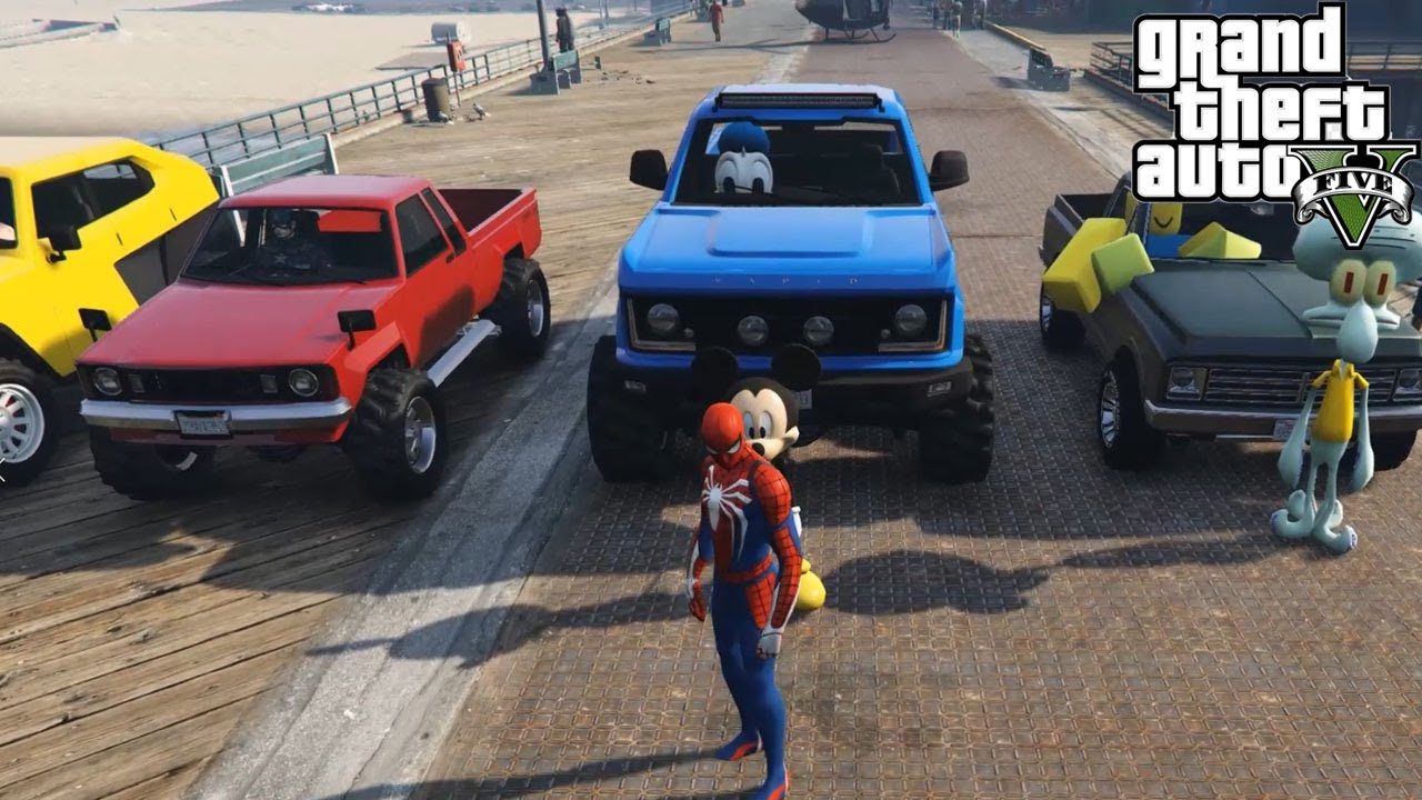 GTA V Spiderman team VS Mickey Mouse team race challenge cars and bikes