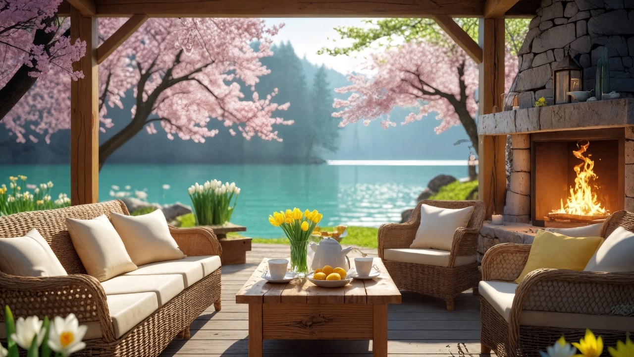 3 Hours of Relaxing Piano — Cherry Blossom Lake & Gentle Firelight