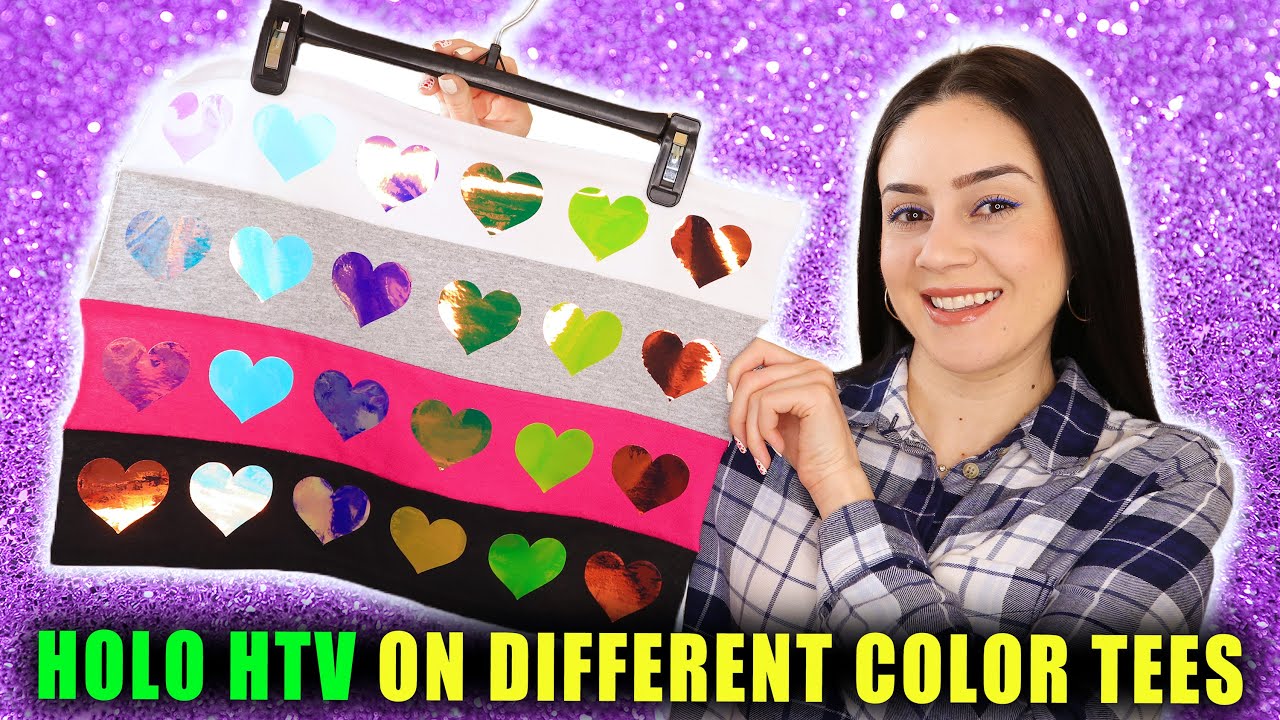 PRESSING 6 HOLOGRAPHIC HTVS ON DIFFERENT COLOR T-SHIRTS || Lucykiins