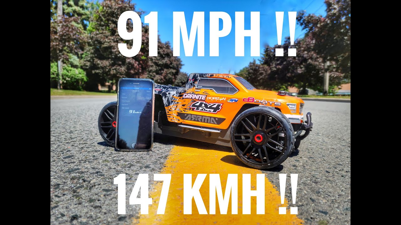 Arrma Granite speed run 91 mph pass on 6s, stock 3200kv motor