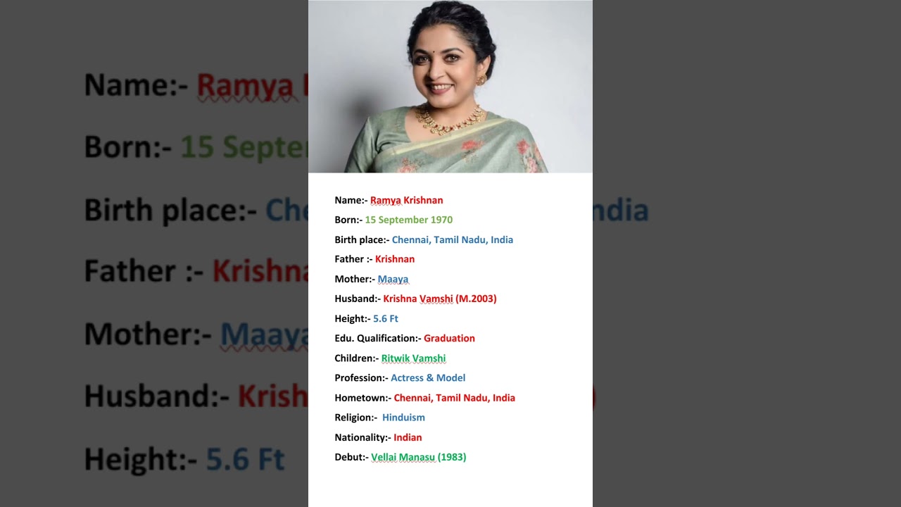 Beautiful Actress Ramya Krishnan Biography #shortvideo #viral #youtubeshorts #shorts