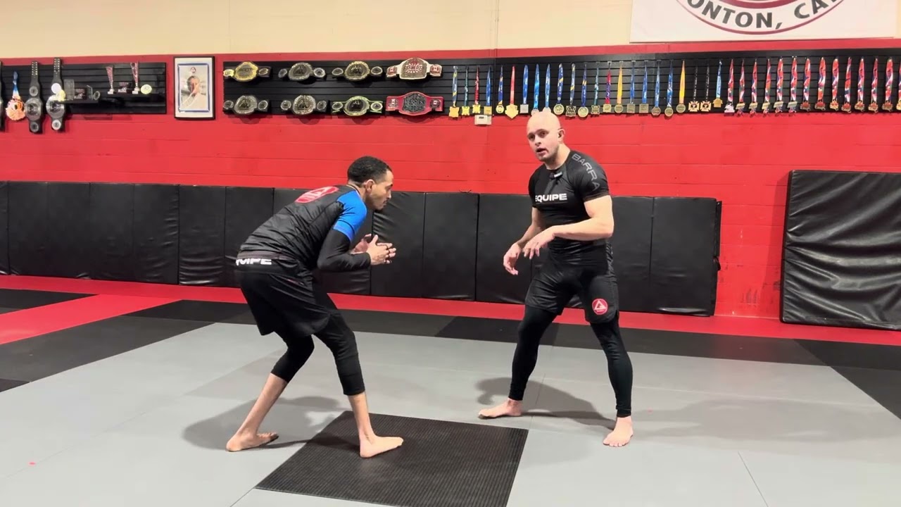 Arm drag, leg trap to takedown 