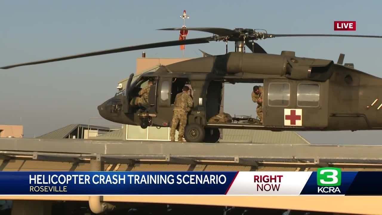 Blackhawk helicopter rumbles over Roseville Medical Center for training exercise
