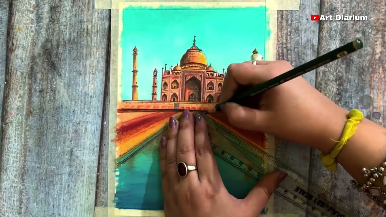 TAJMAHAL drawing with Oil Pastel - Step by Step / Sunset Scenery