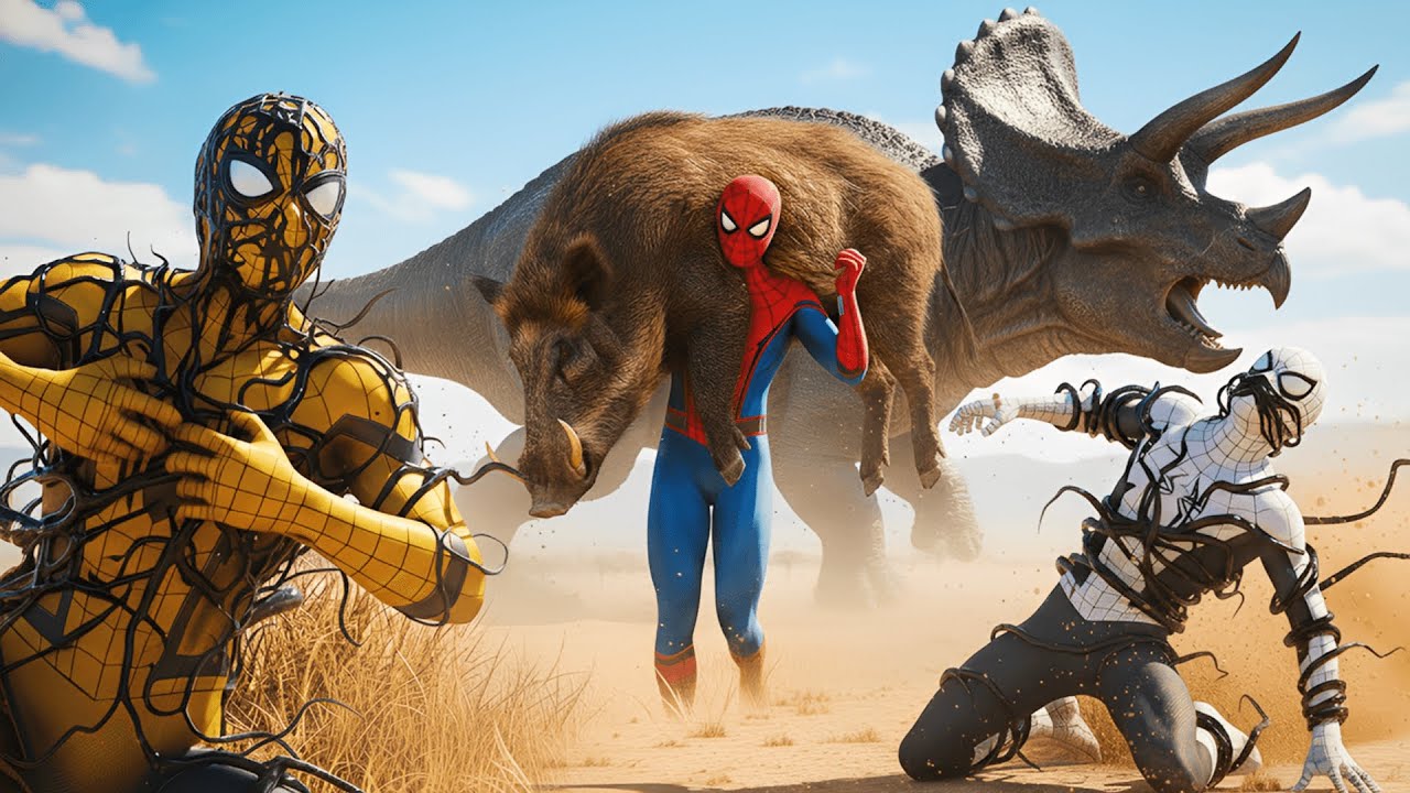 Unexpected Team-Up: Spider-Man Brothers Unite for an Epic Fight Against a Dinosaur | Veo 3 AI Video