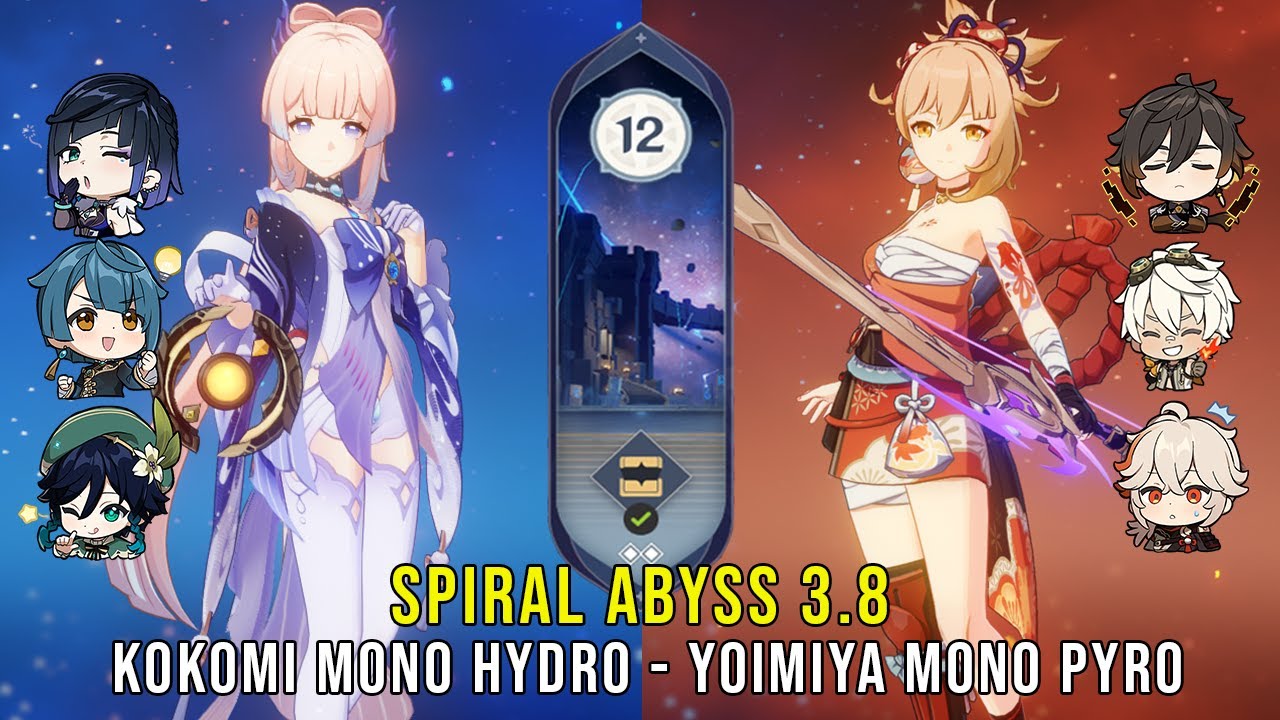 C0 Kokomi Mono Hydro and C0 Yoimiya Mono Pyro - Genshin Impact Abyss 3.8 - Floor 12 9 Stars