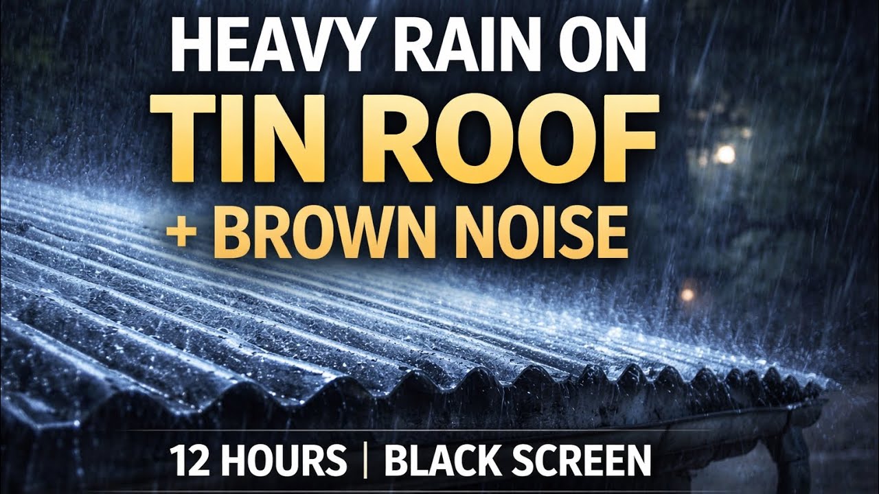 Heavy Rain on Tin Roof + Brown Noise (12 Hours) | Sleep Sounds for Deep Sleep | Black Screen