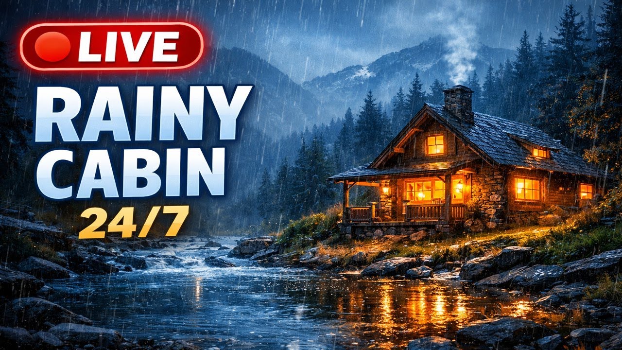 🔴 LIVE Cozy Forest Cabin Under Giant Trees 🔥 Relaxing Campfire Music 24/7