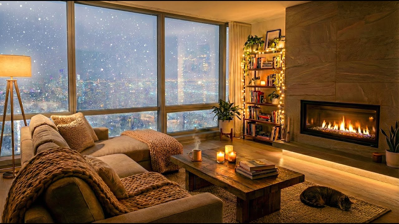 Snow Storm City Fireplace Ambience ❄️🔥 | Reading, Studying, Relaxing or Sleeping (No Talking)