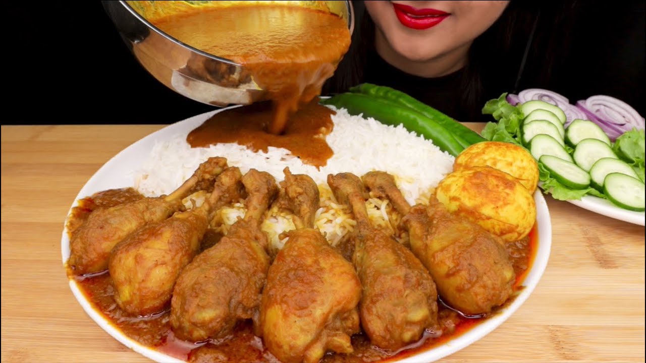 EATING SPICY CHICKEN CURRY  WITH BASMATI RICE | BIG BITES | MESSY EATING | FOOD EATING VIDEOS