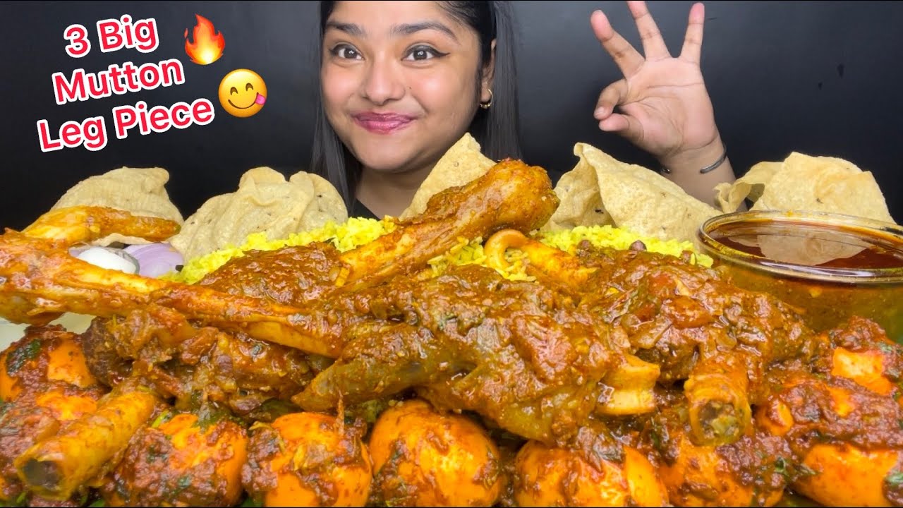 3 SPICY MUTTON LEG PIECE CURRY 🔥 WITH EGG GHEE ROAST, LEMON RICE , PAPAD AND RASGULLA | EATING SHOW