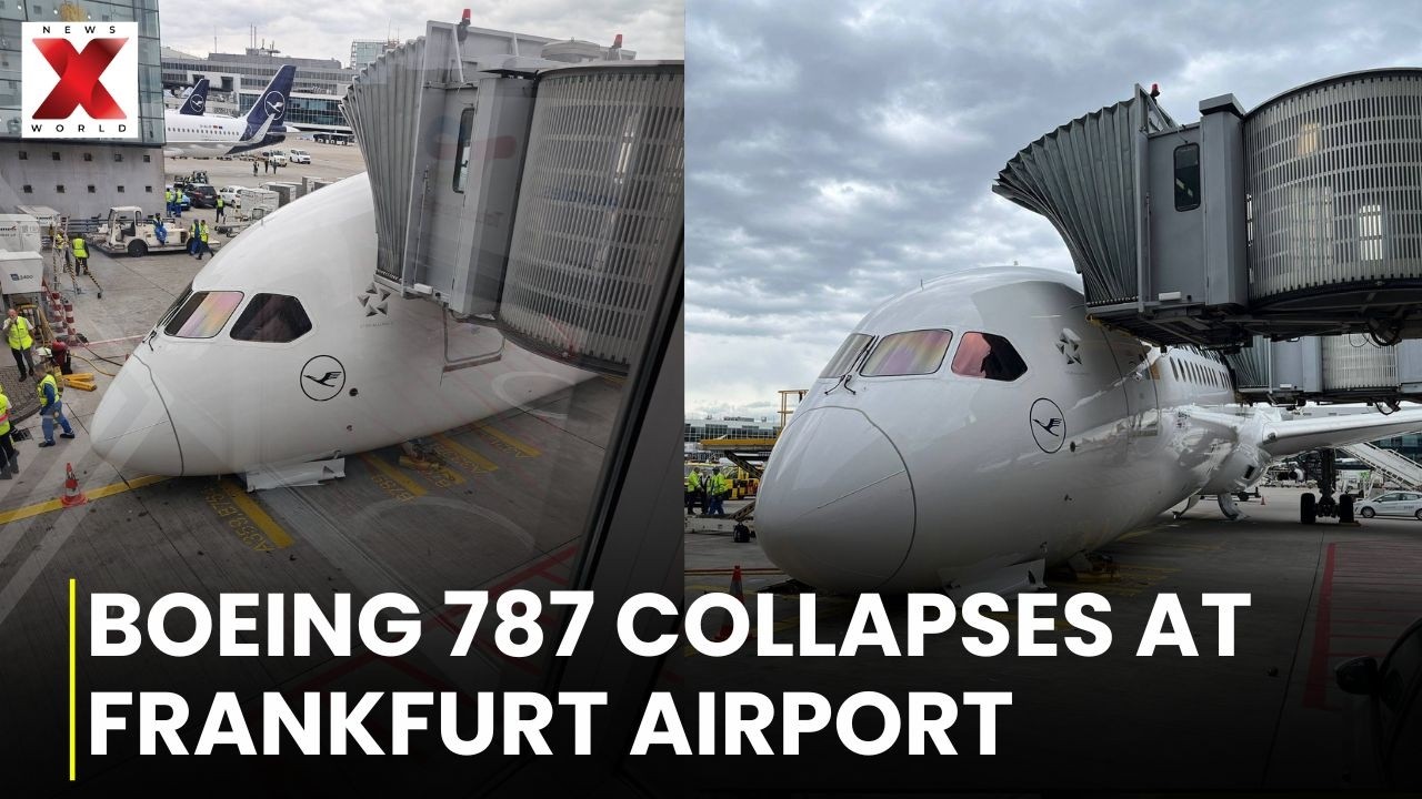 У Boeing 787 авиакомпании Lufthansa сложилась передняя стойка шасси у выхода в аэропорту Франкфур...