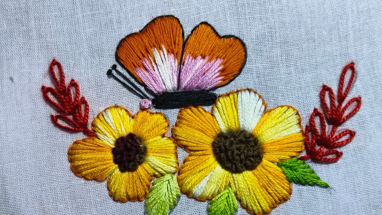 Easy Embroidery flower design beautiful butterfly hand embroidery design|| Easy Embroidery||