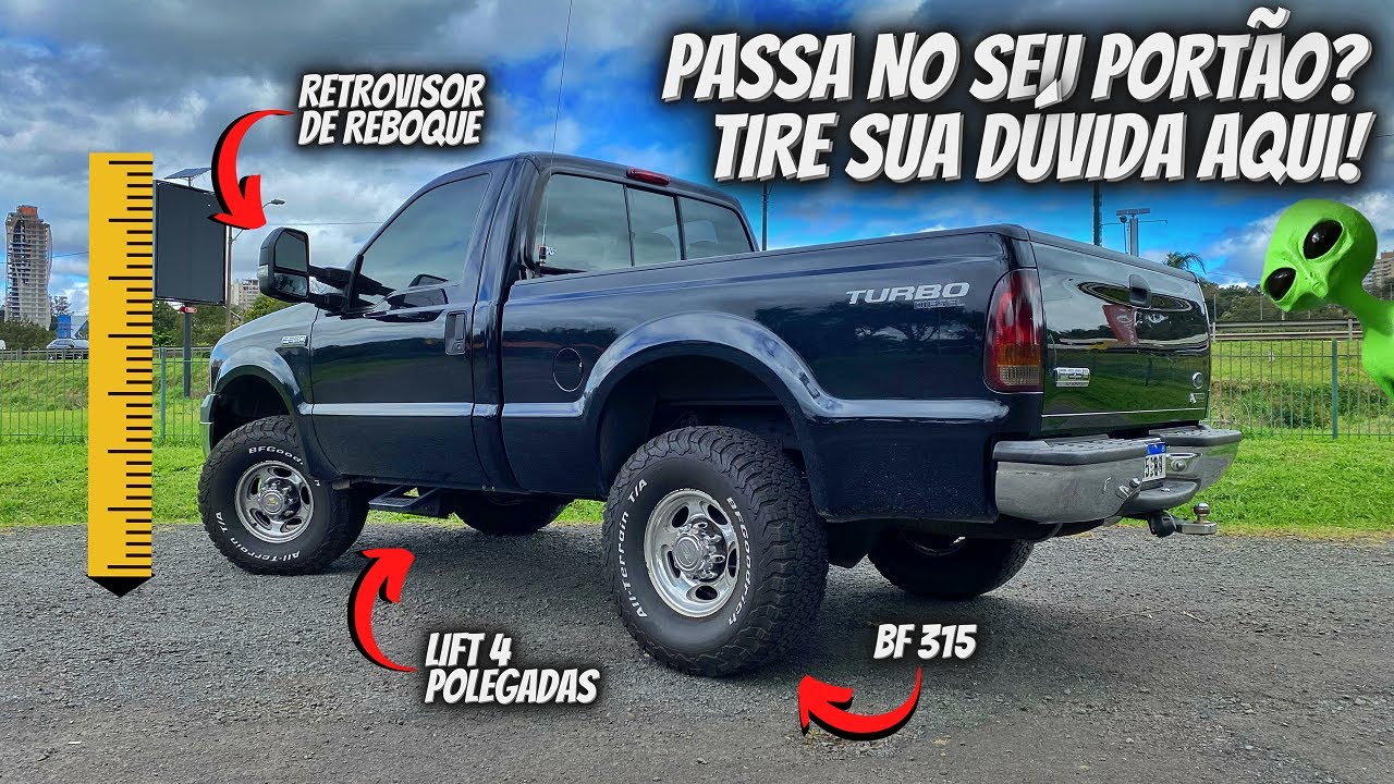 DIMENSÕES DA F250 COM RETROVISORES DE REBOQUE, BF 315/75/16 E LIFT DE SUSPENSÃO DE 4 POLEGADAS
