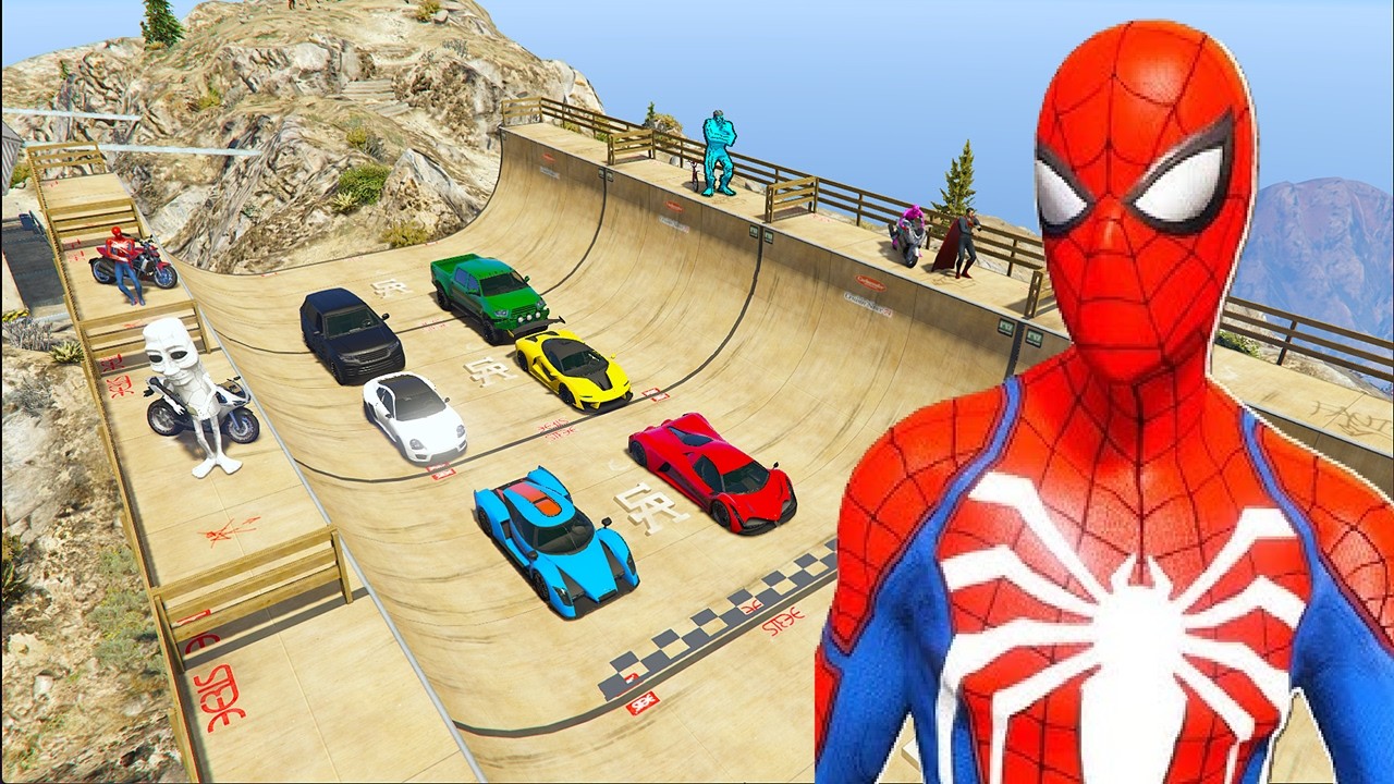 GTA V Superheroes Crazy Race Challenge with Super Cars | GTA V Spiderman Mega Ramp  Ep 50