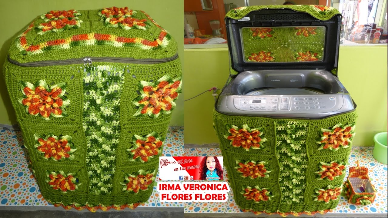 1º PARTE DE COMO TEJER ESTA LINDA FUNDA PARA LAVADORA CON FLORES Y TEJIDO A CROHET