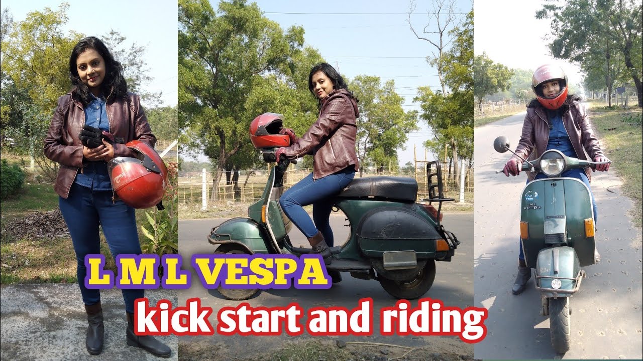 L M L Vespa kick start and riding by woman