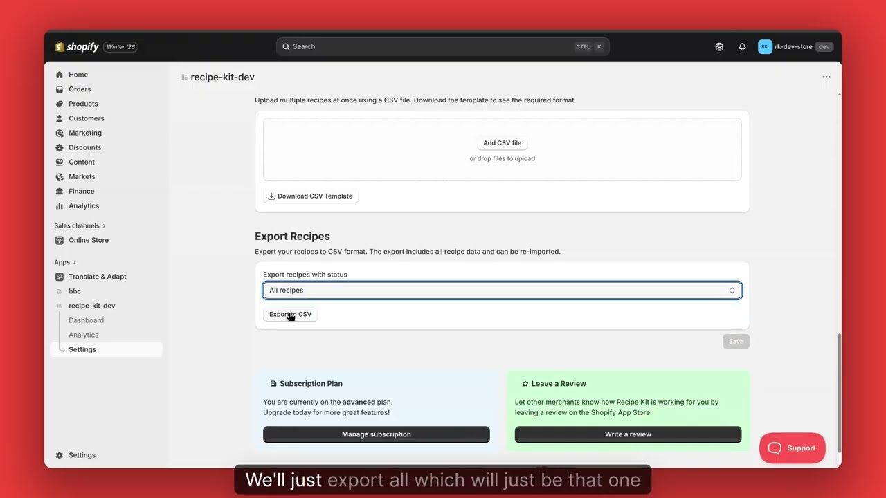 Import / Export Recipes on Shopify with Recipe Kit