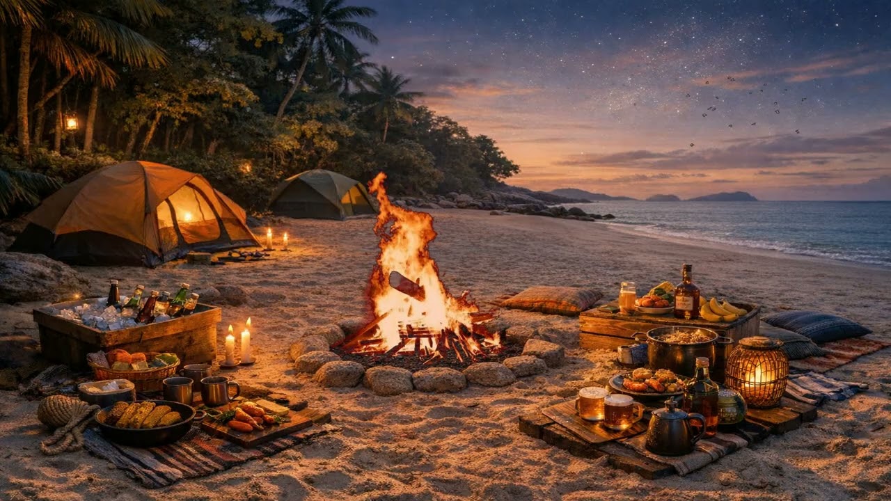 Cozy 4-Hour Beach Camping Ambience, Sea, Fire & Gentle Guitar Music for Relaxation