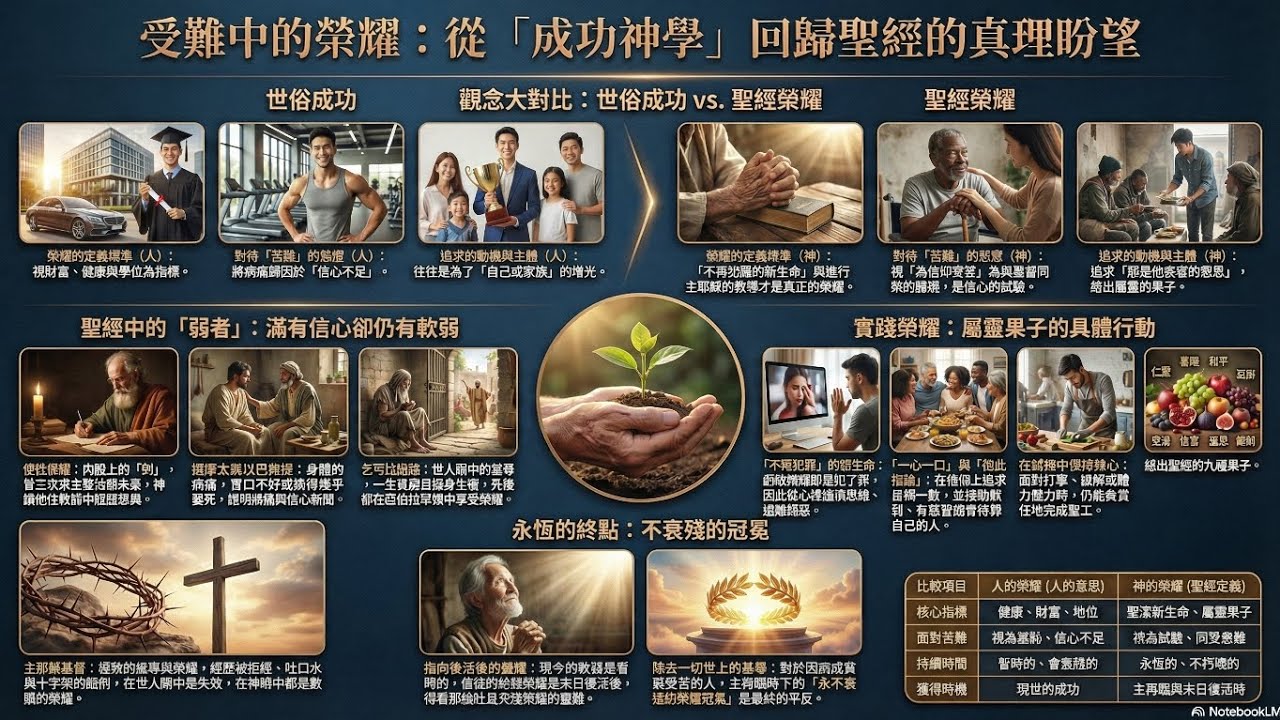 神的榮耀並非建立在財富、健康或社會地位等暫時的屬世美滿，而是在於信徒是否擁有不再犯罪的新生命，並在軟弱與磨難中結出聖靈的果子