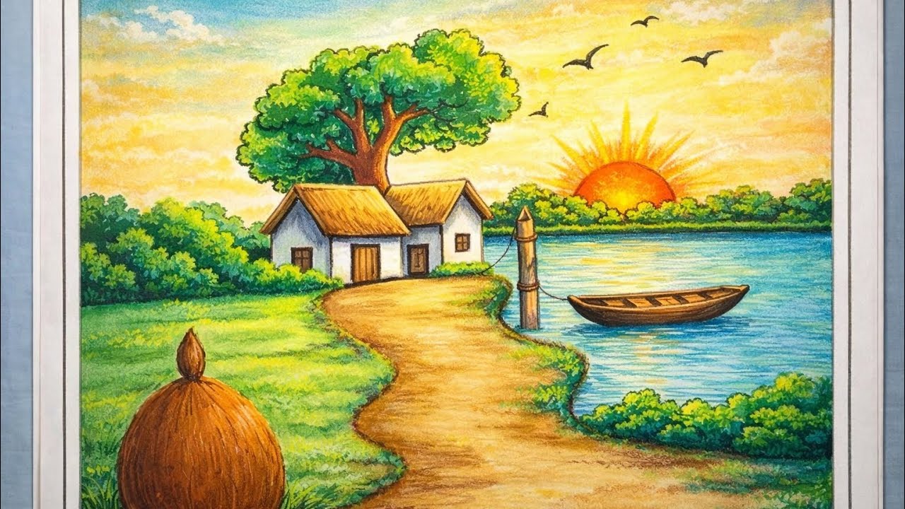 beautiful village drawing with river || easy drawing 