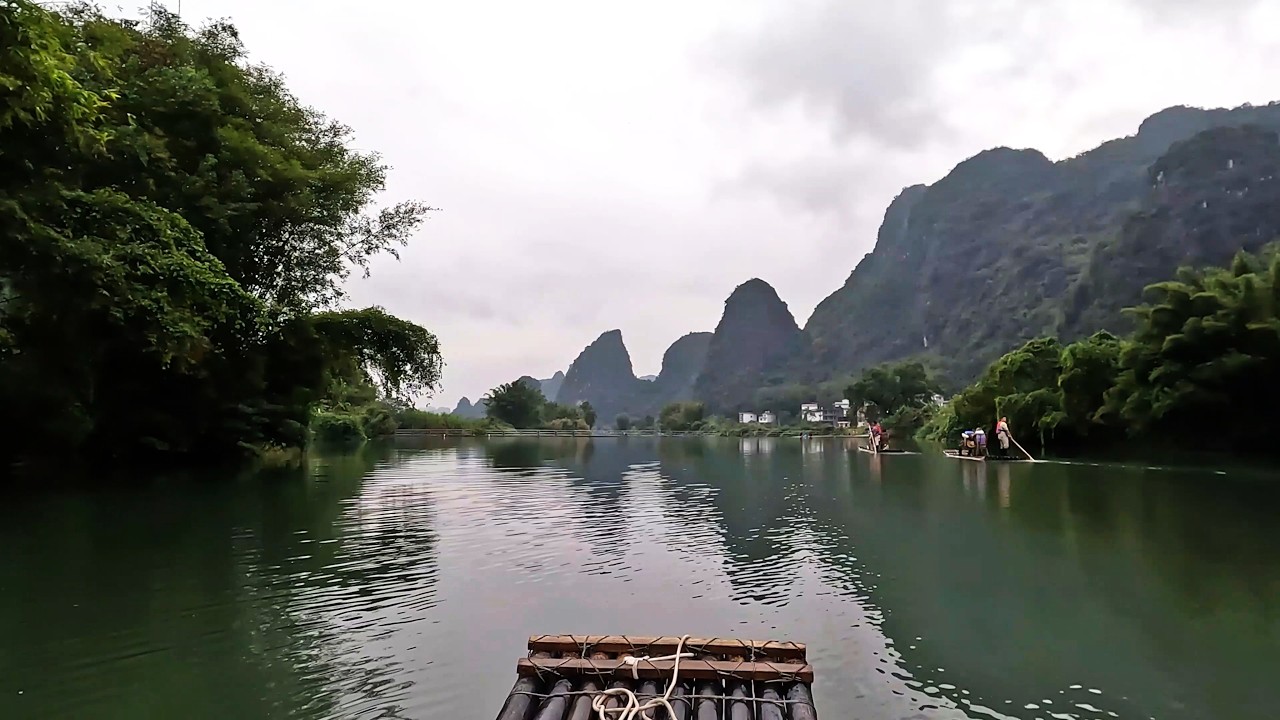First-person View on a Raft Surrounded by Karst Peaks in Guilin, China