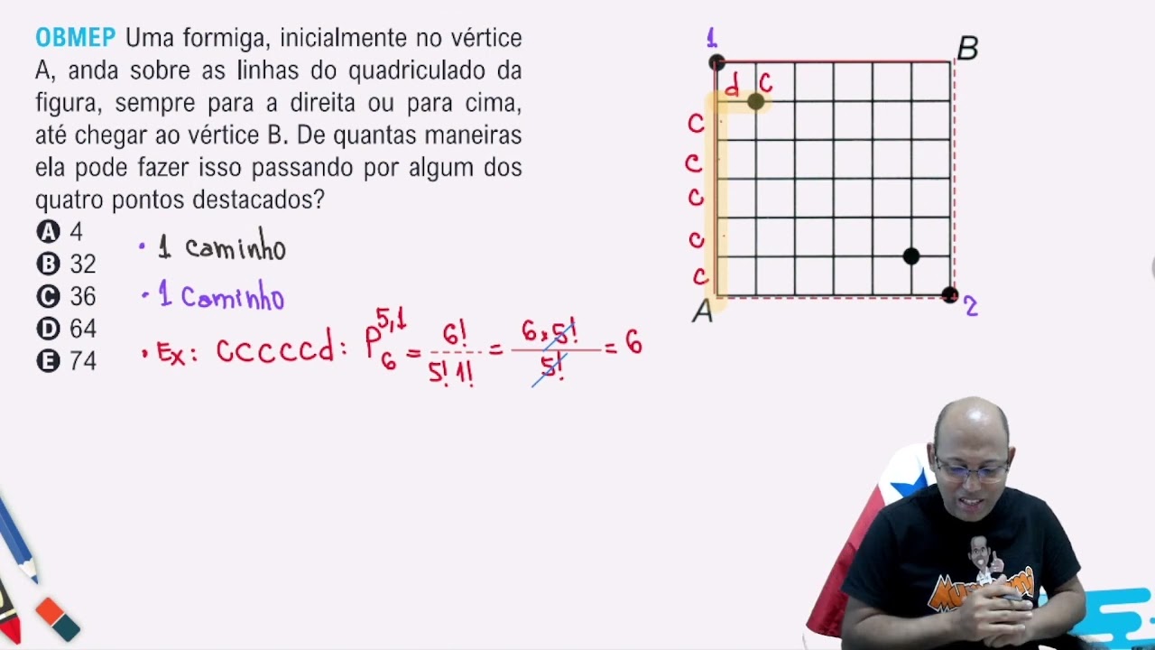 🚨🚨OBMEP Uma formiga, inicialmente no vértice A, anda sobre as linhas do quadriculado da figura