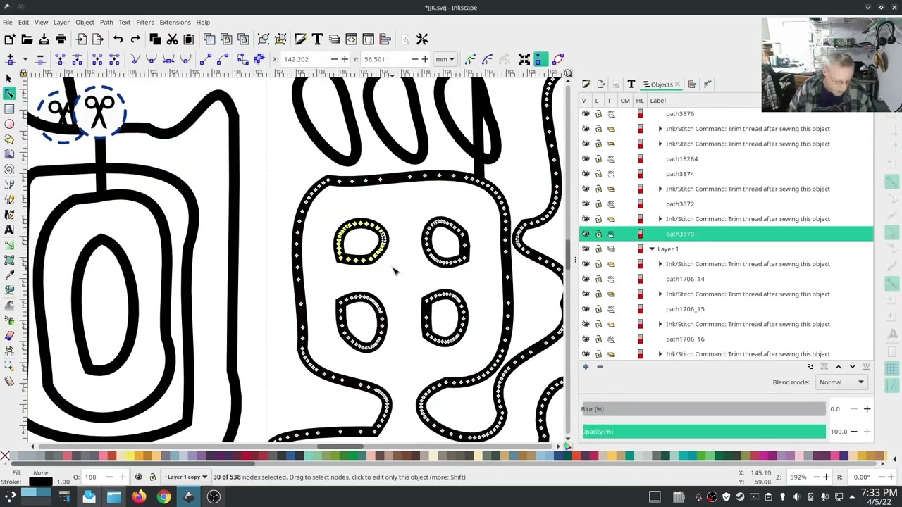 Inkstitch - Helping others, satin border jump stitch