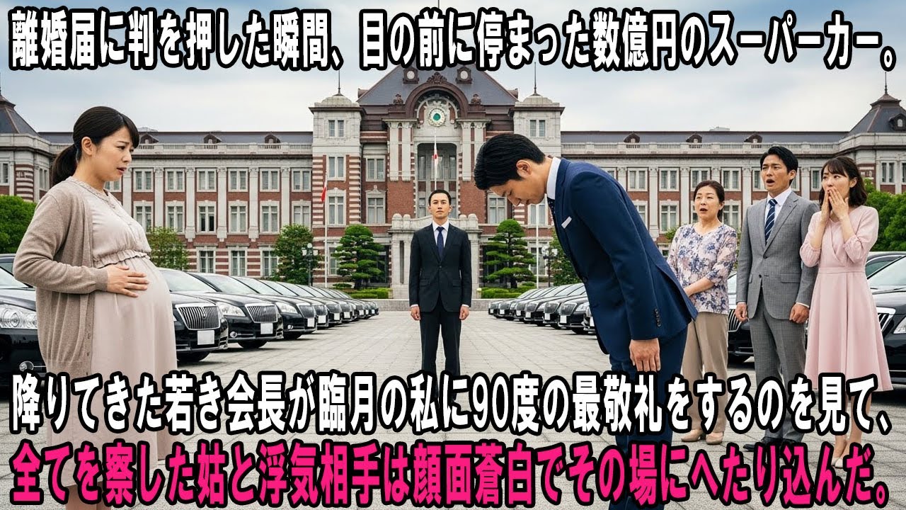 離婚届に判を押した瞬間、目の前に停まった数億円のスーパーカー。降りてきた若き会長が臨月の私に90度の最敬礼をするのを見て、全てを察した姑と浮気相手は顔面蒼白でその場にへたり込んだ。