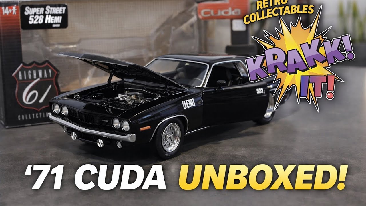 Распаковка/обзор модели Plymouth Cuda 528 Super Street Hemi 1971 года в масштабе 1/18 от Highway 61.