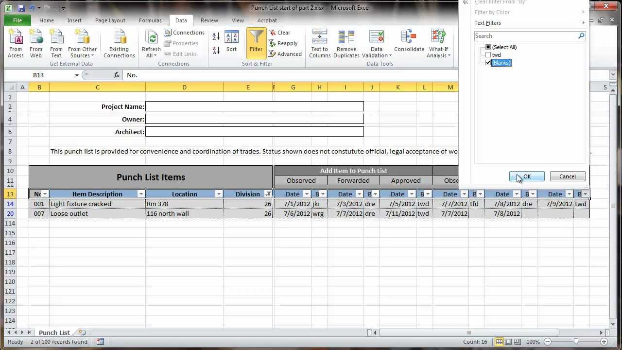 Excel 2010 Construction Punch List - Part II - Data Filtering