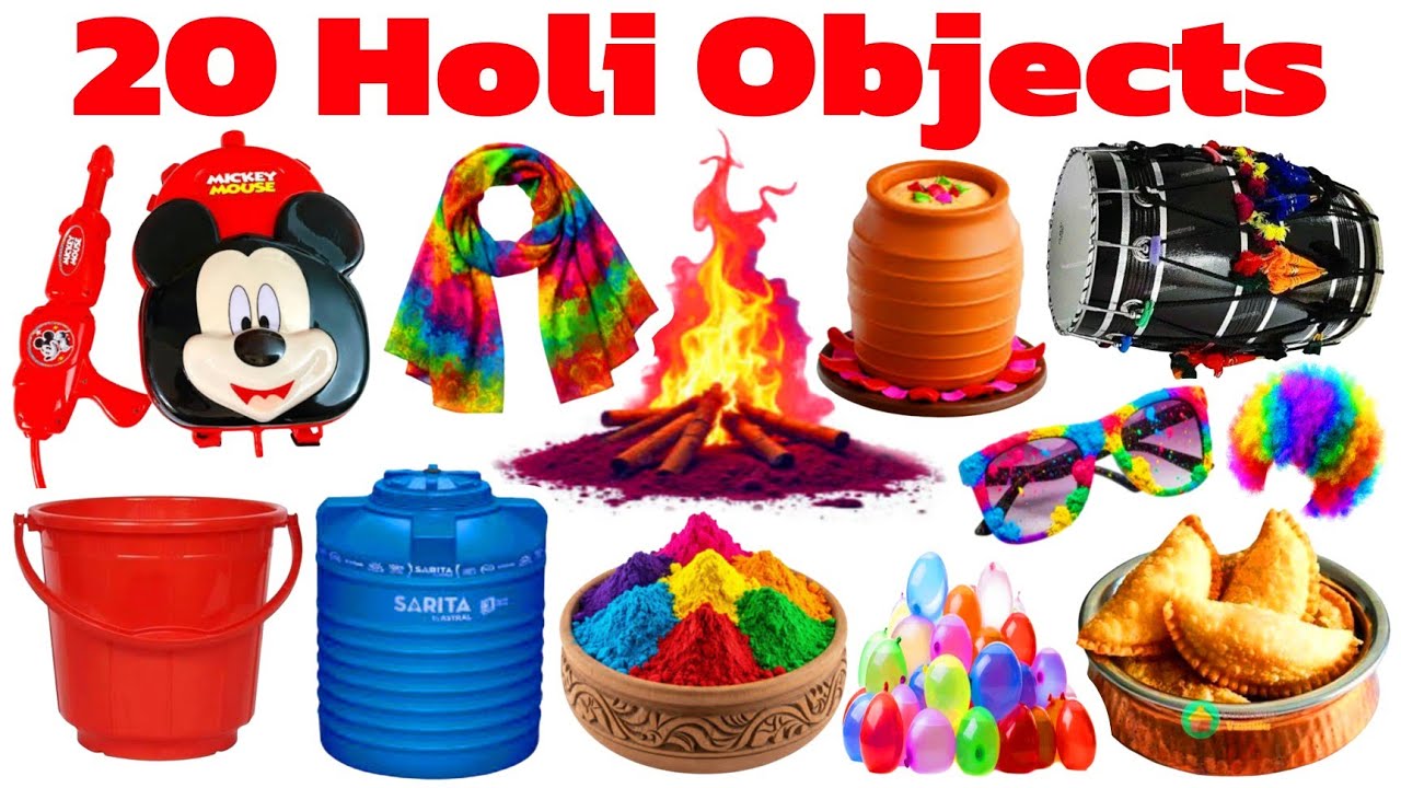 होली में खेलने वाली 20 चीजें  | Learn 20 Holi Objects Names in English & Hindi
