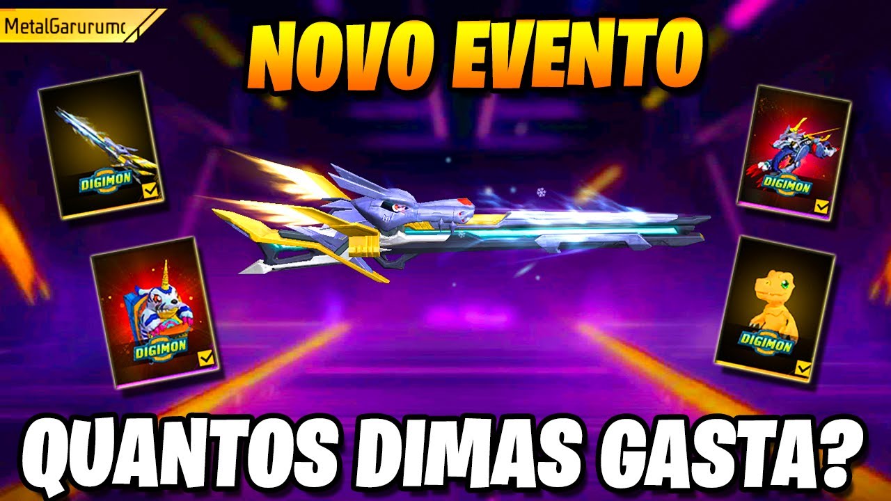 PEGUEI TUDO! NOVA M590 METALGARURUMON! NOVO EVENTO FREE FIRE, TOKEN ROYALE FF, DIGIMON X FREE FIRE