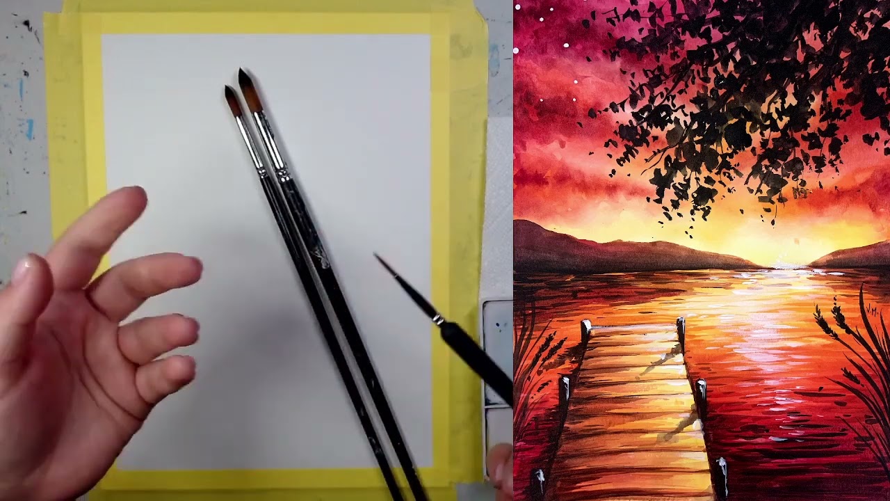 Crimson Sunset by the Lake - Watercolour