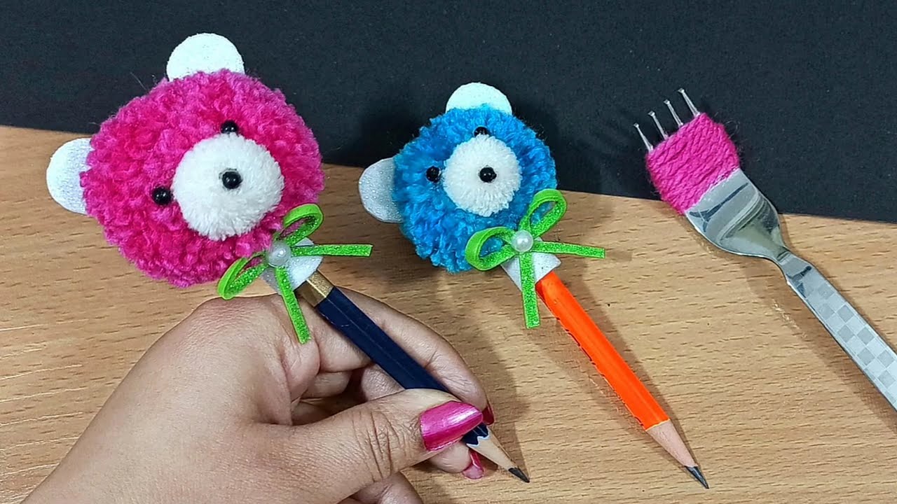 DIY Teddy Bear Pencil Cap With Fork - Easy Trick to make Teddy Bear Pen Topper - Pencil Topper