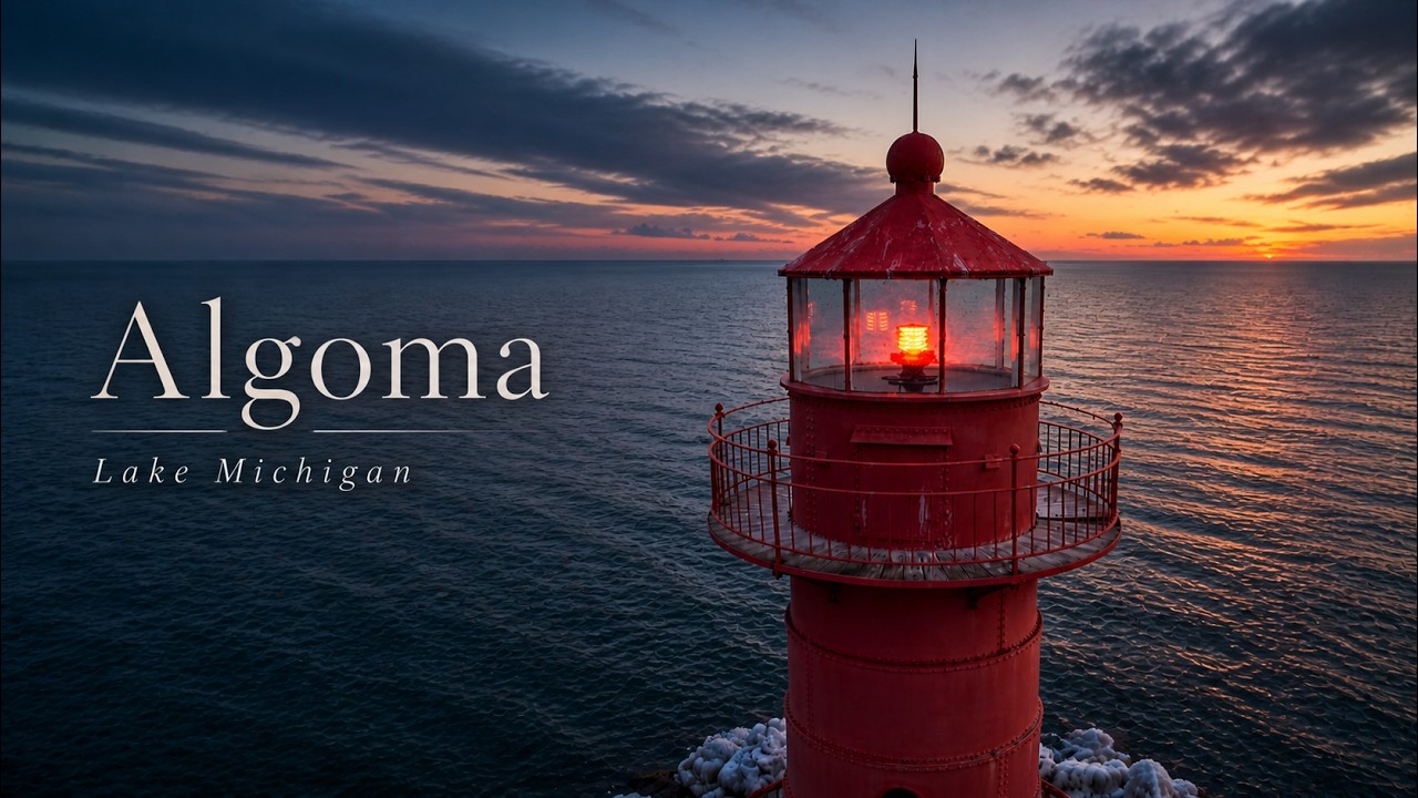 Algoma Pierhead Lighthouse | Winter Aerials & Town History (4K Drone)