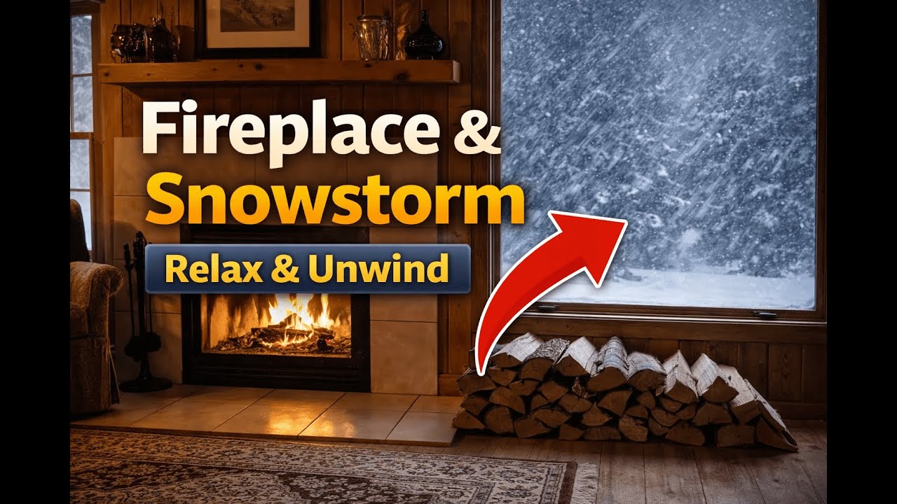 Cozy Fireplace & Snowy Window | Wind + Crackling Fire | Relaxing Ambient Music (1 Hour)