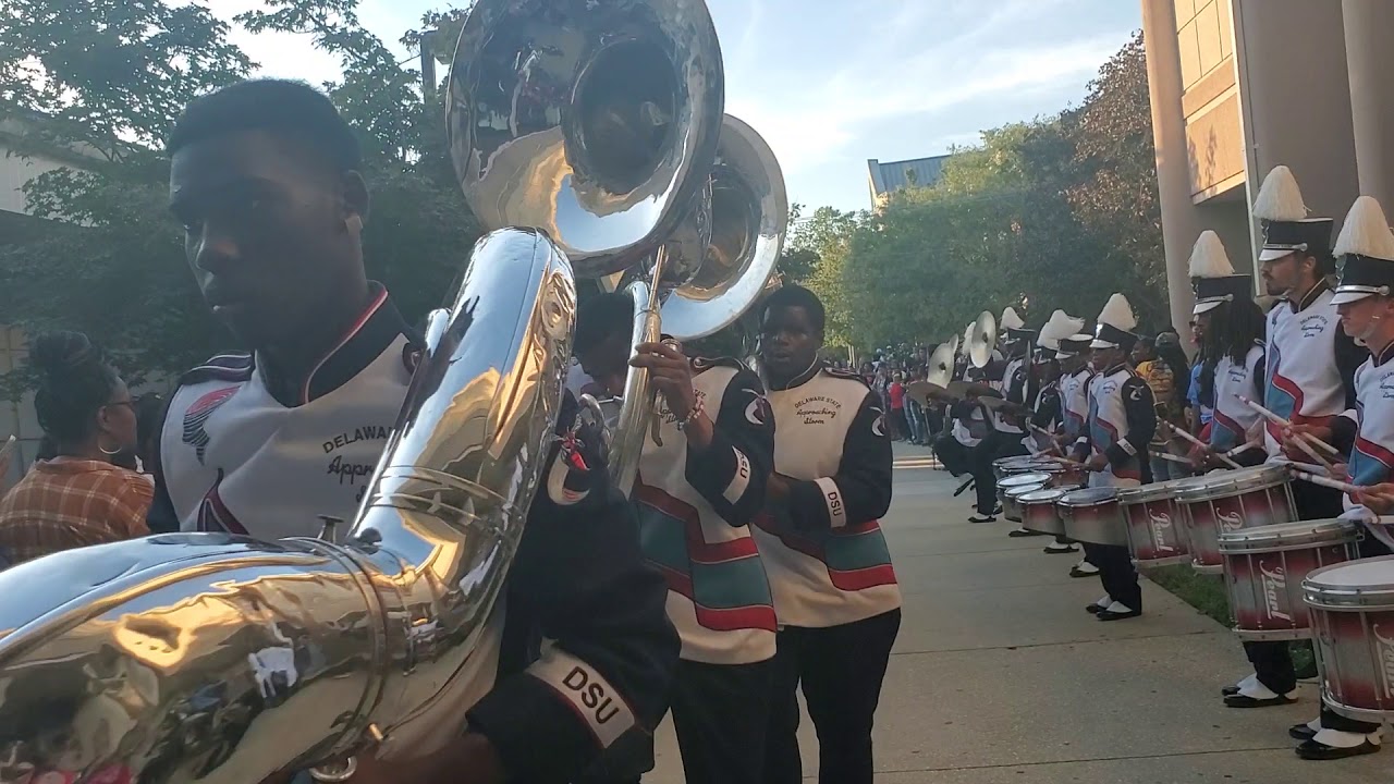 Delaware State Approaching Storm Marching Band 2019 Homecoming Tunnel with Band Alummi