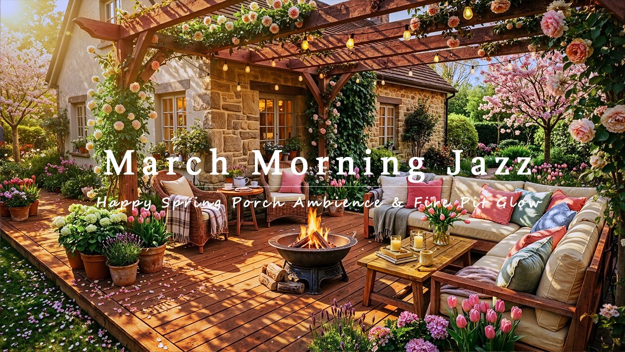 Relaxing March Morning Jazz | Happy Spring Porch Ambience & Fire Pit Glow for Up Mood