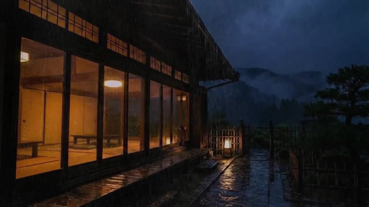 Heavy Rain Outside a Traditional Wooden House | Soft Warm Lights for Relaxing Sleep