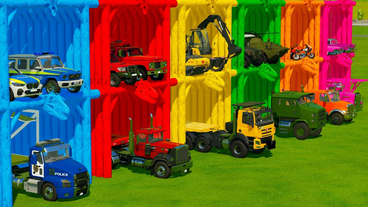 TRANSPORTING POLICE CARS, ARMOURED VEHICLES, EXCAVATORS MOTORCYCLES WITH TRUCKS Farming Simulator 22