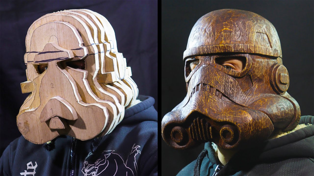 Wooden imperial stormtrooper helmet. wood carving time lapse