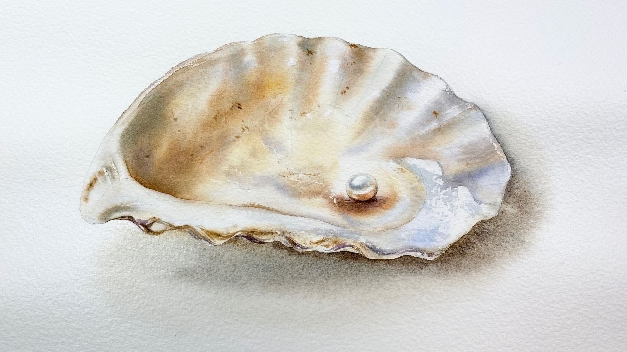 Realistic oyster shell painting in Watercolors demo