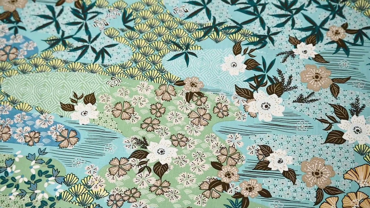 Popeline Viskose AYO Digitaldruck Blumen Bl&auml;tter abstrakte Formen blau gr&uuml;n 1,4m Breite