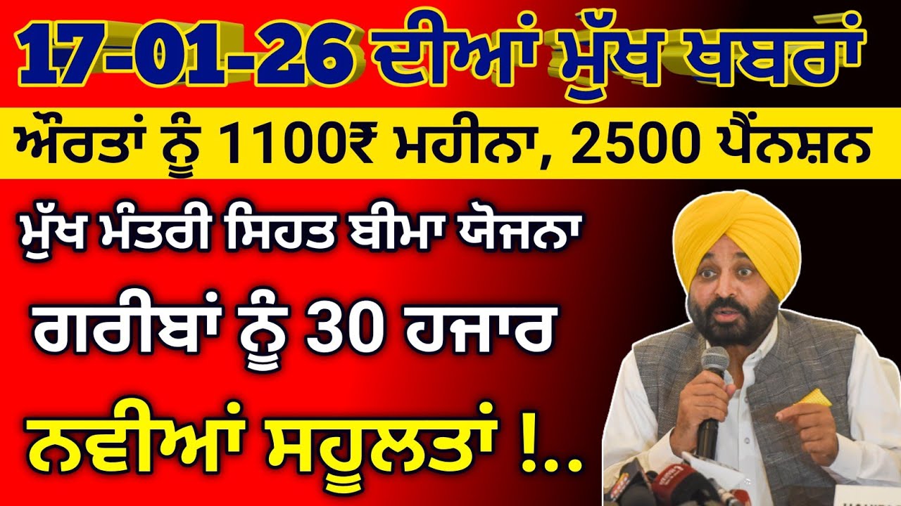 17-01-25 ਦੀਆ ਤਾਜ਼ਾ ਖਬਰਾਂ, ਨਵੀਆਂ ਸਕੀਮਾਂ ਸ਼ੁਰੂ, 2500 Pension, Woman 1000 Pension, 