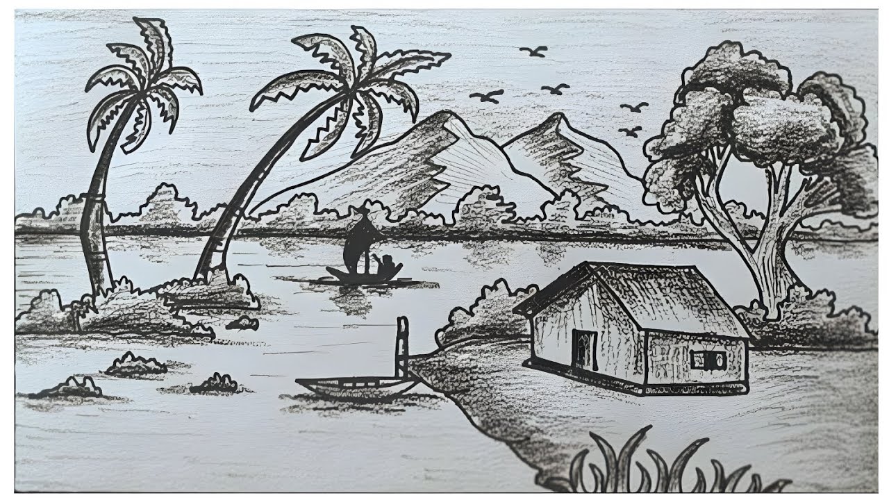 নদীসহ গ্রামের দৃশ্য অংকন || Beautiful Hill View Sunrise Scenery With Pencil Sketch. #art #scenery 