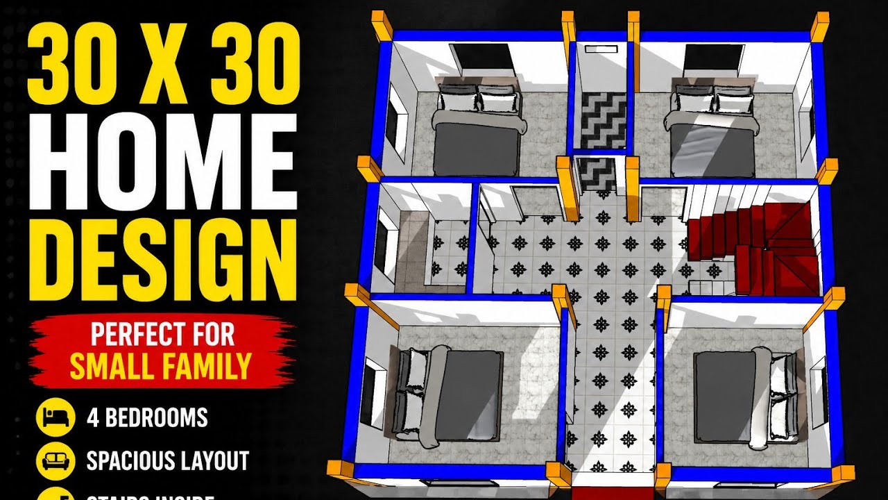 30 X 30 Home Plan, 900 sq feet house plan, 4 Bedroom House 🏠 #900sqfeet #30by30 #map